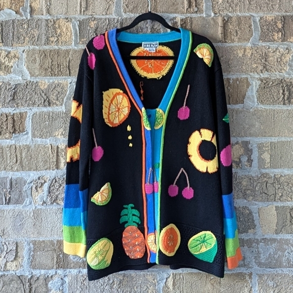 Vintage Sweaters - Vintage 80s Berek2 Tropical Fruit Citrus Cardigan Sweater Size Medium
